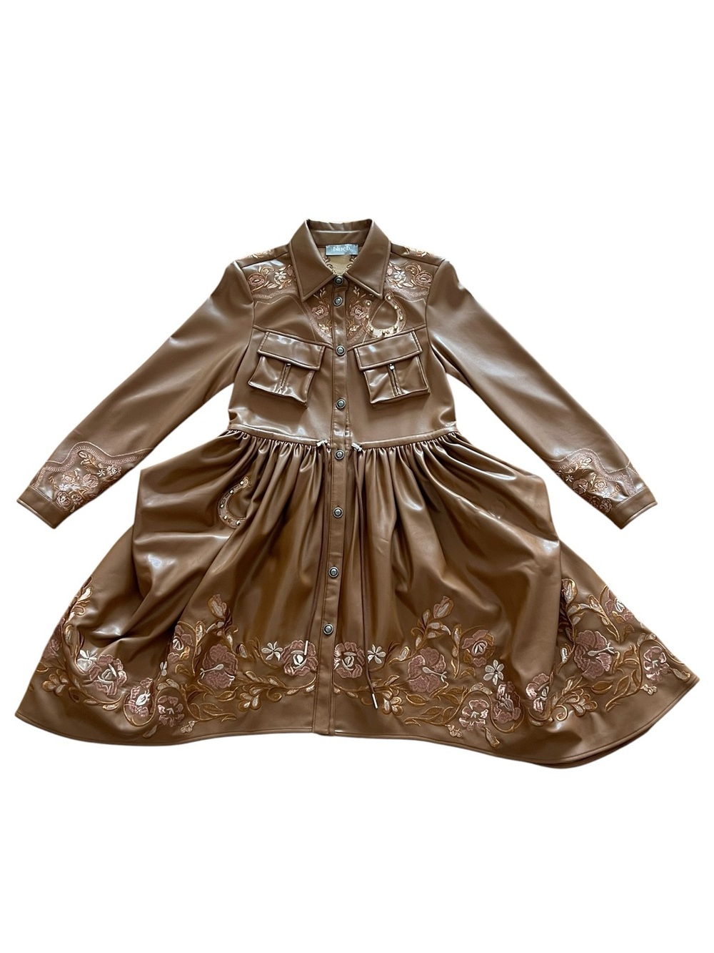 NEW blue b Brown Faux Leather Embroidered Pink Copper Flower Draped Skirt Dress - Picture 4 of 6